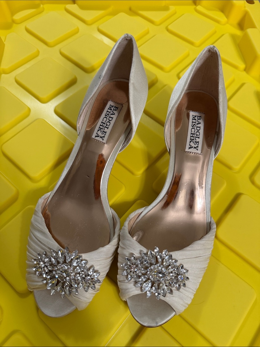 Badgley Mischka Ivory Crystal-Embellished Peep-Toe Heels